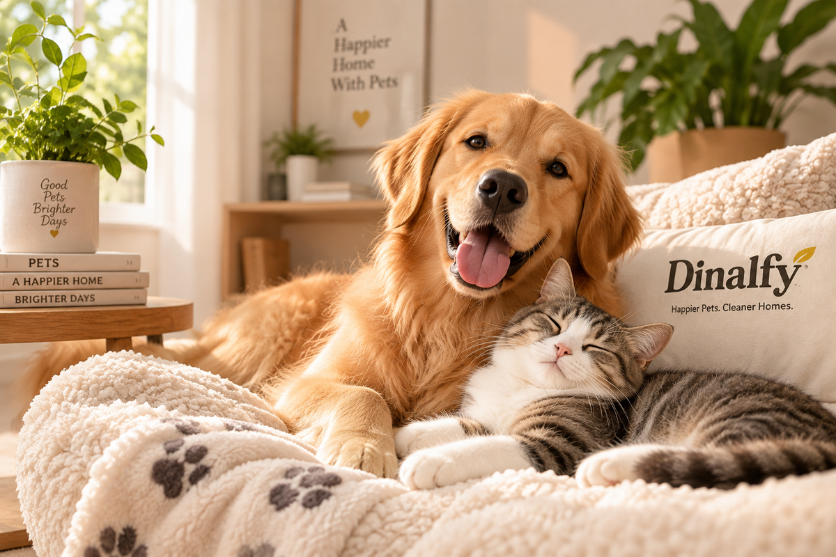 Happy dog and cat relaxing in a modern home